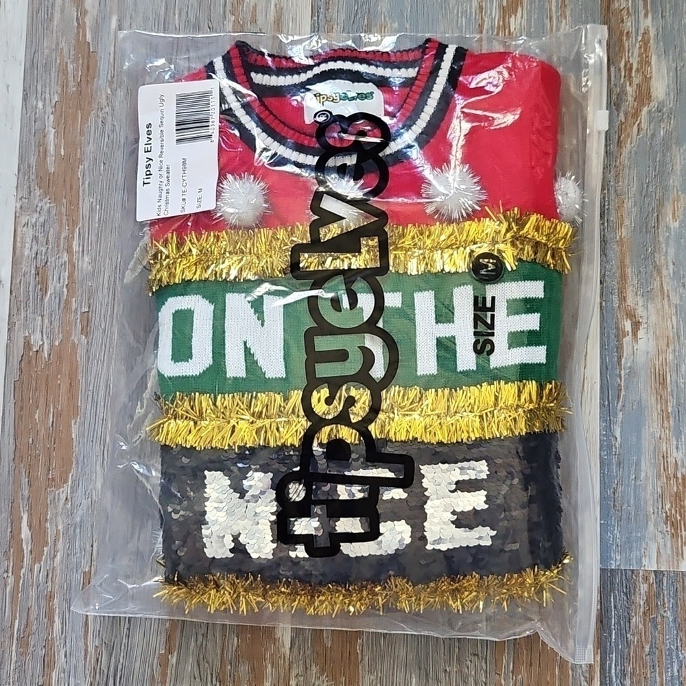 Kid's Naughty or Nice Reversible Sequin Ugly Christmas Sweater - New in Package